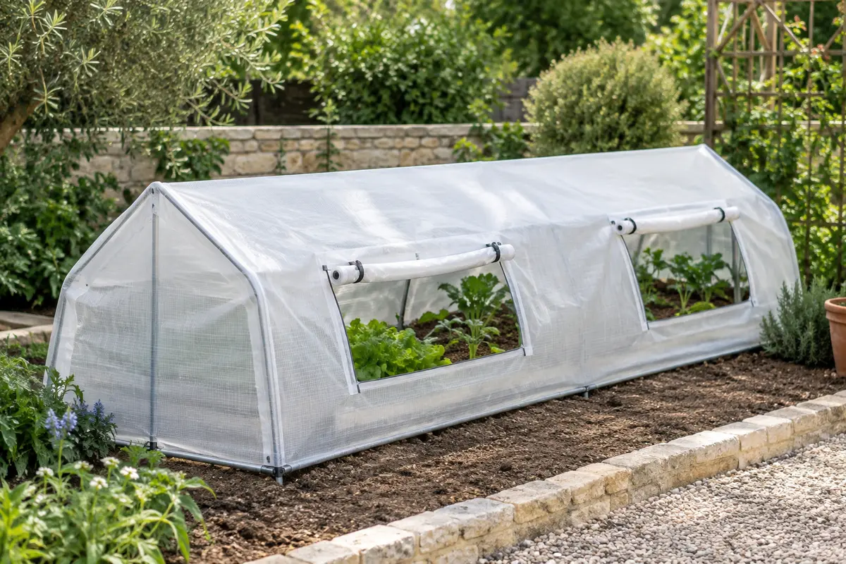 Mini-serre tunnel blanche à toit pointu avec deux fenêtres ouvertes, installée sur un sol de terre au jardin.
