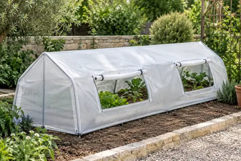 Mini-serre tunnel blanche à toit pointu avec deux fenêtres ouvertes, installée sur un sol de terre au jardin.