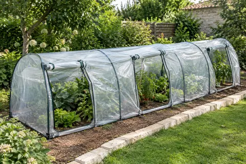 Mini serre tunnel à bâche PVC transparente et armature en acier, installée au-dessus de plants dans un jardin.