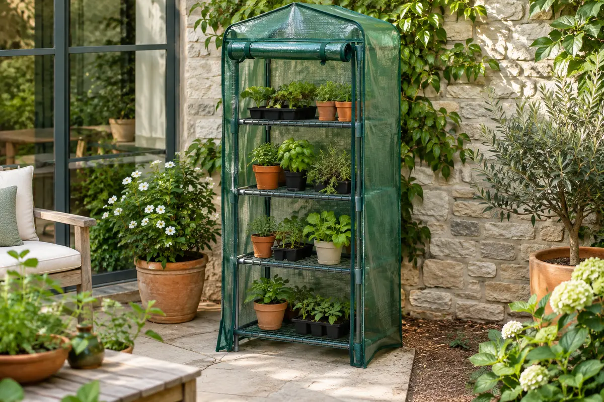 Serre de balcon en PE vert avec porte enroulée et quatre étagères garnies de jeunes plantes