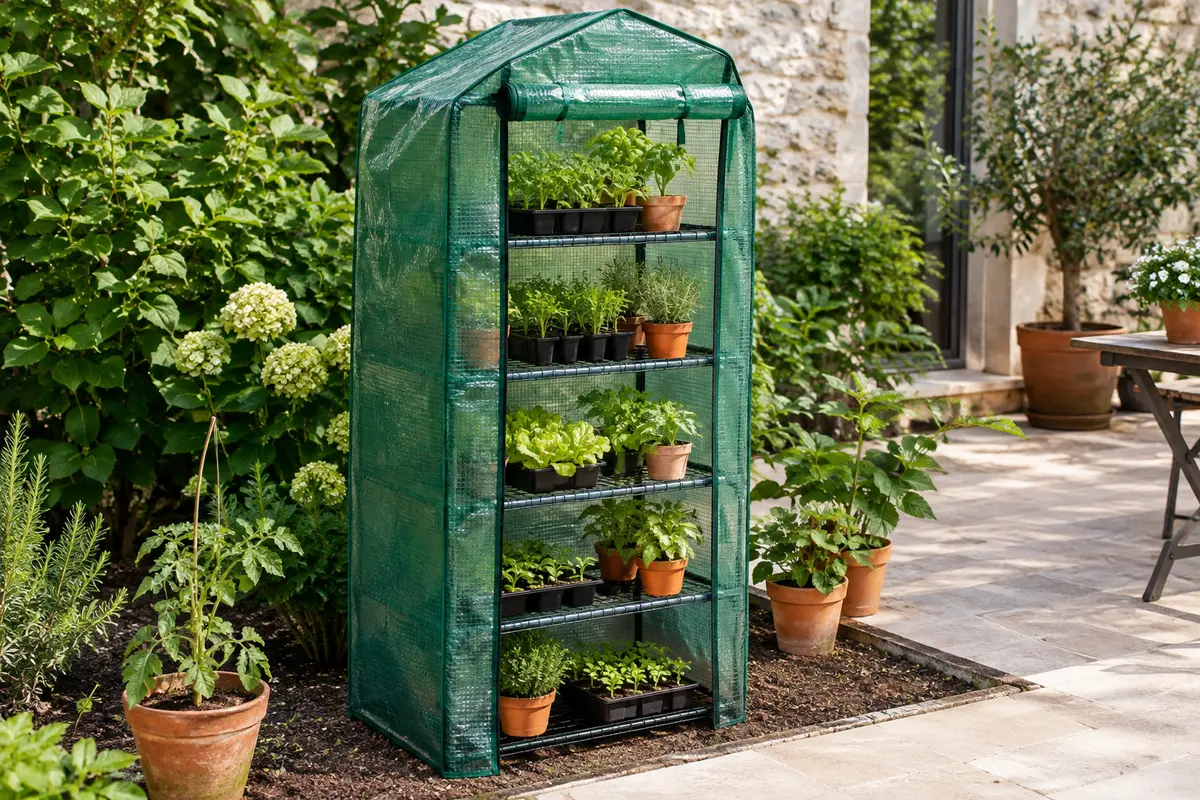 Serre verticale verte à cinq niveaux, avec porte enroulée et pots de jeunes plants sur ses étagères.