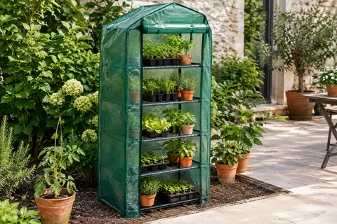Serre verticale verte à cinq niveaux, avec porte enroulée et pots de jeunes plants sur ses étagères.