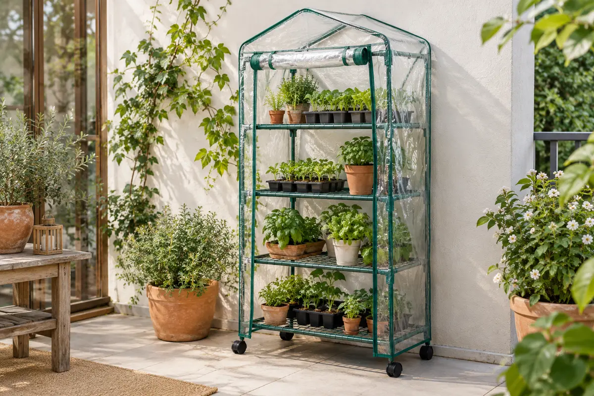 Serre de balcon à quatre étagères avec bâche transparente, porte zippée et roulettes