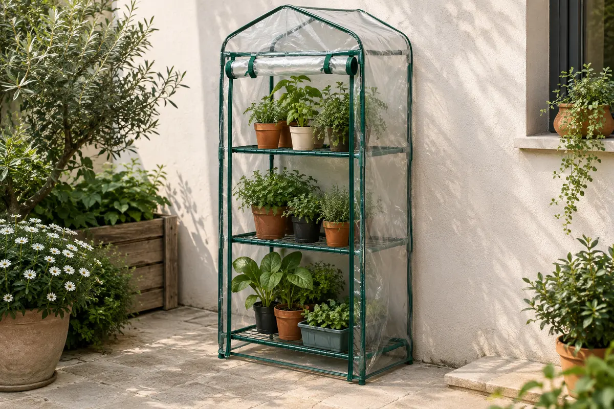 Serre de balcon verte à bâche transparente, porte relevée et trois étagères garnies de petits pots.