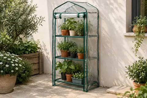 Serre de balcon verte à bâche transparente, porte relevée et trois étagères garnies de petits pots.