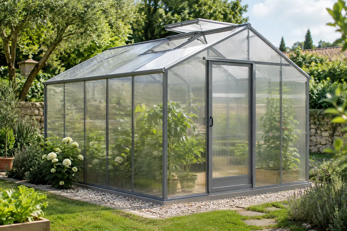 Serre de jardin Outsunny à structure grise, panneaux transparents, porte coulissante et lucarne de toit