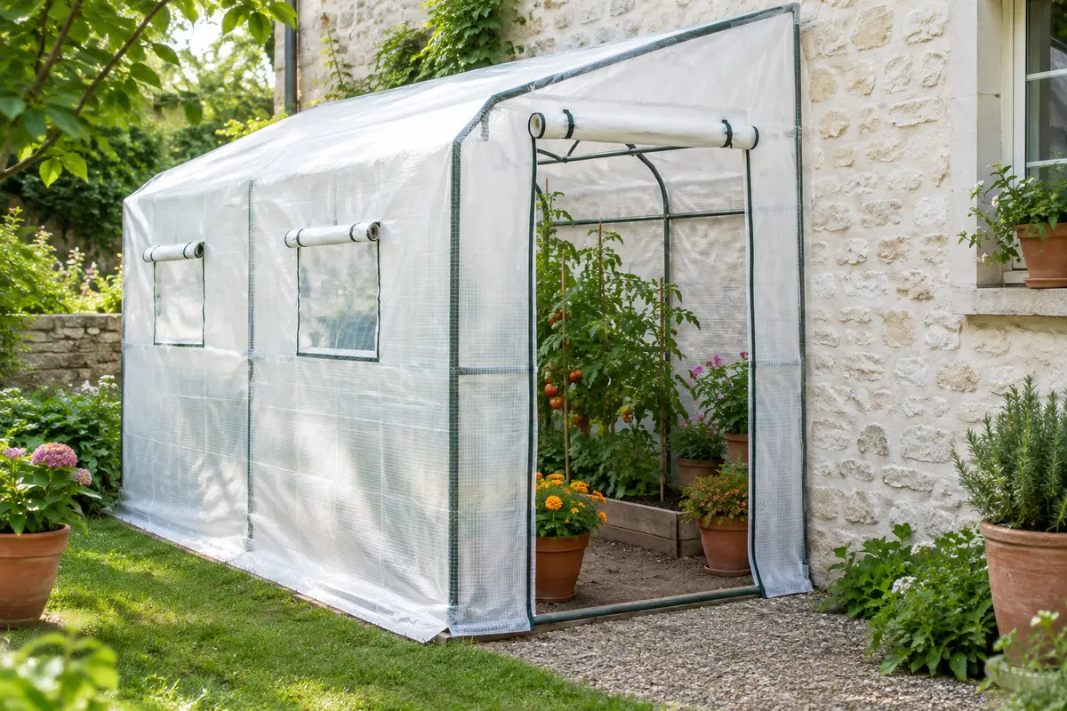 Serre adossée en PE renforcé installée contre un mur, avec porte enroulable et plantes à l’intérieur