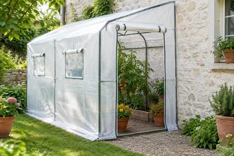 Serre adossée en PE renforcé installée contre un mur, avec porte enroulable et plantes à l’intérieur