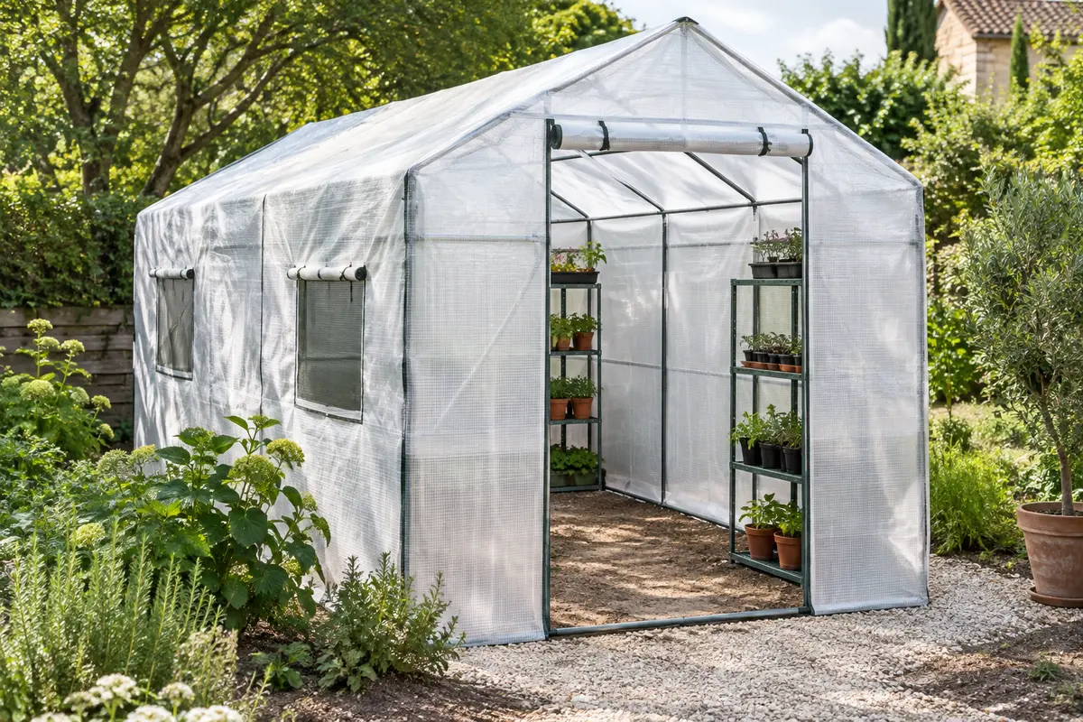 Serre de jardin à couverture blanche avec étagères latérales, porte enroulable et fenêtres en maille