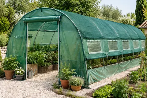 Serre tunnel Outsunny verte avec fenêtres grillagées, paroi relevée et filet d’ombrage dans un jardin