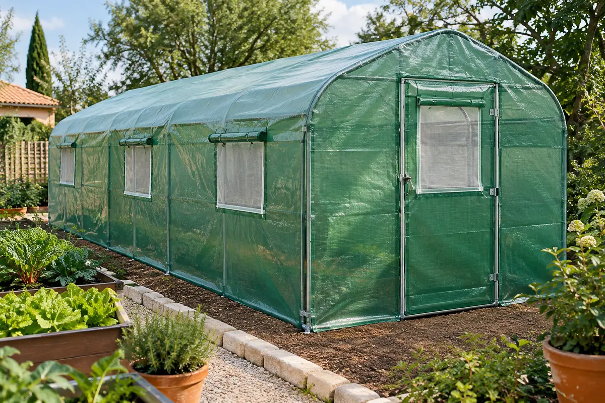 Serre tunnel verte à armature galvanisée, avec porte et fenêtres en maille dans un jardin soigné