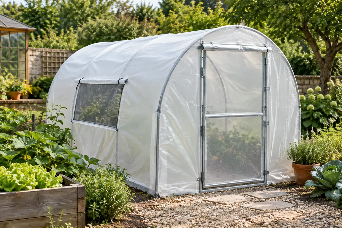 Serre tunnel à bâche blanche, cadre en acier galvanisé et fenêtres zippées, installée dans un jardin.