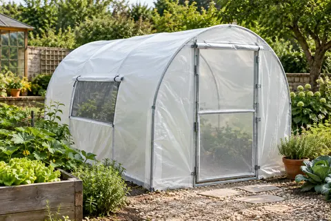 Serre tunnel à bâche blanche, cadre en acier galvanisé et fenêtres zippées, installée dans un jardin.