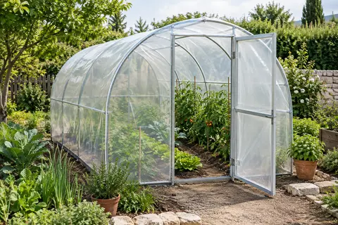 Serre tunnel transparente avec structure en acier et porte à charnières installée dans un jardin potager