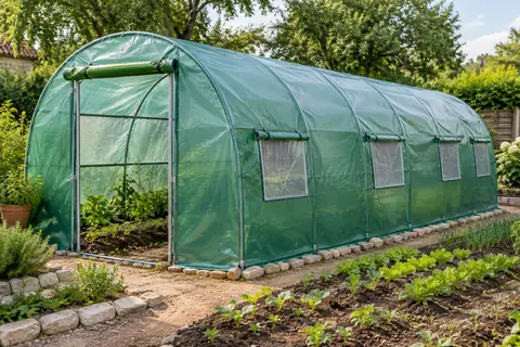 Serre tunnel verte avec armature en acier, porte enroulable et fenêtres à moustiquaire dans un jardin