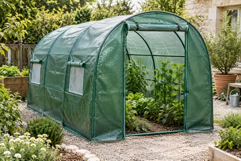 Serre tunnel de jardin verte avec porte zippée et quatre fenêtres moustiquaires, installée sur un sol de terre