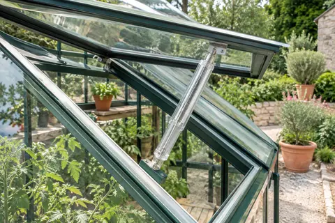 Ouverture mécanique automatique fixée à une lucarne entrouverte dans une serre de jardin lumineuse