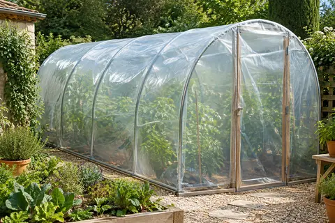 Bâche transparente en polyéthylène couvrant une serre tunnel au milieu des feuillages d’un jardin.