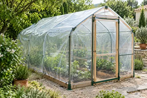 Film transparent tendu sur une structure de serre au-dessus de jeunes plants dans un jardin lumineux