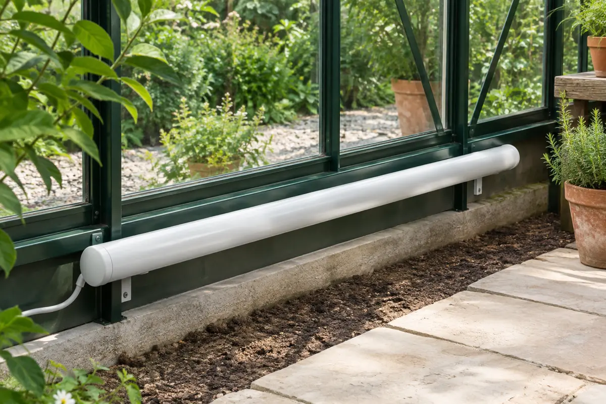 Radiateur tubulaire électrique blanc installé le long d’une paroi vitrée dans une serre de jardin