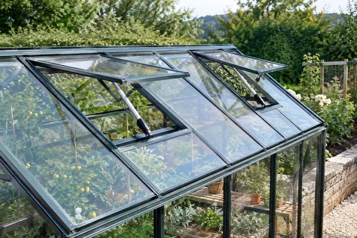 Deux ouvre-fenêtres automatiques en aluminium fixés aux lucarnes d’une serre de jardin vitrée.