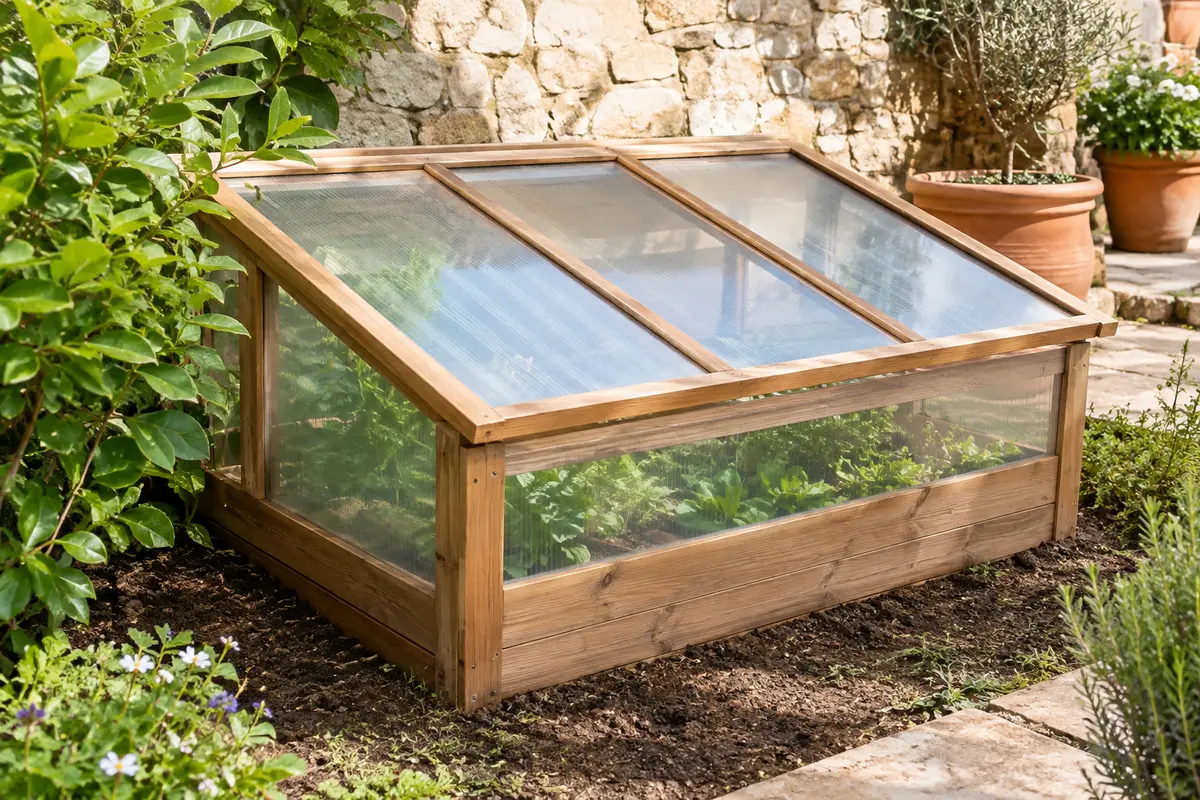 Châssis de jardin en bois tanné avec vitres en plastique installé dans un potager soigné