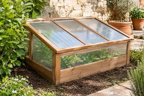 Châssis de jardin en bois tanné avec vitres en plastique installé dans un potager soigné