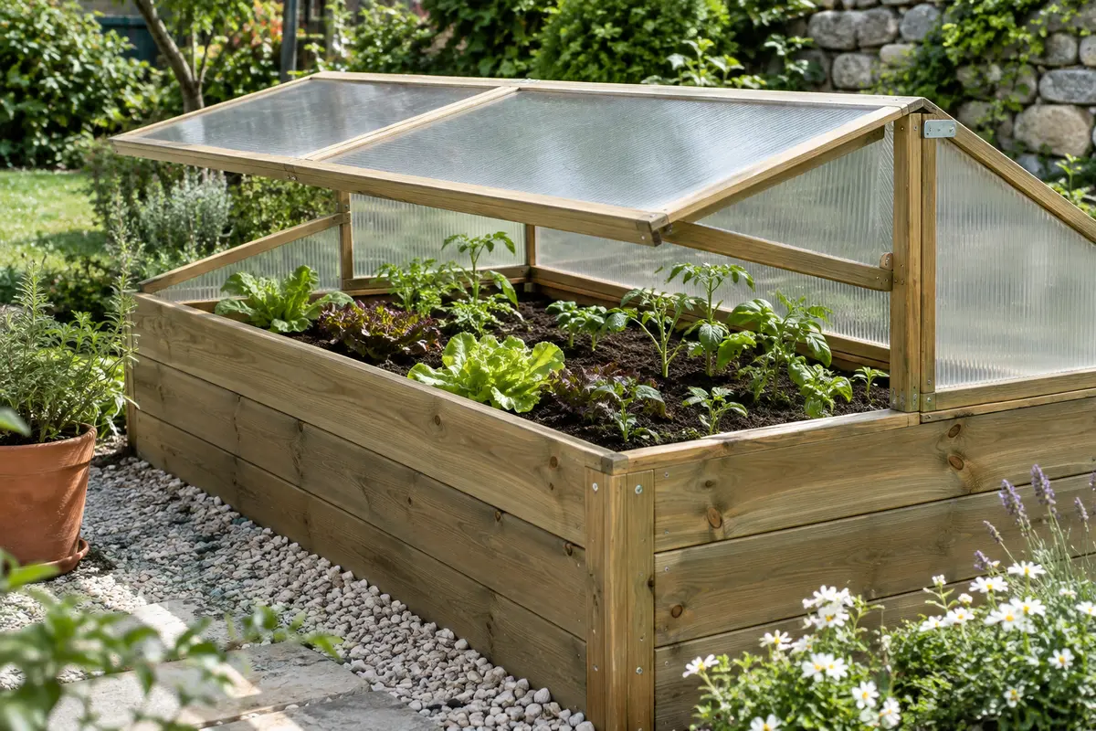 Châssis de jardin en bois et polycarbonate entrouvert au-dessus de jeunes plants dans un potager surélevé