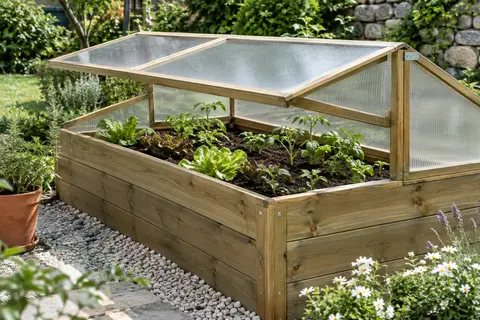 Châssis de jardin en bois et polycarbonate entrouvert au-dessus de jeunes plants dans un potager surélevé