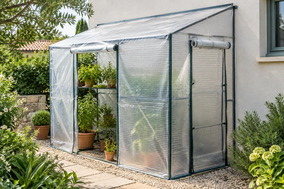 Serre murale en bâche translucide adossée à un mur, avec des plantes en pots à l’intérieur.