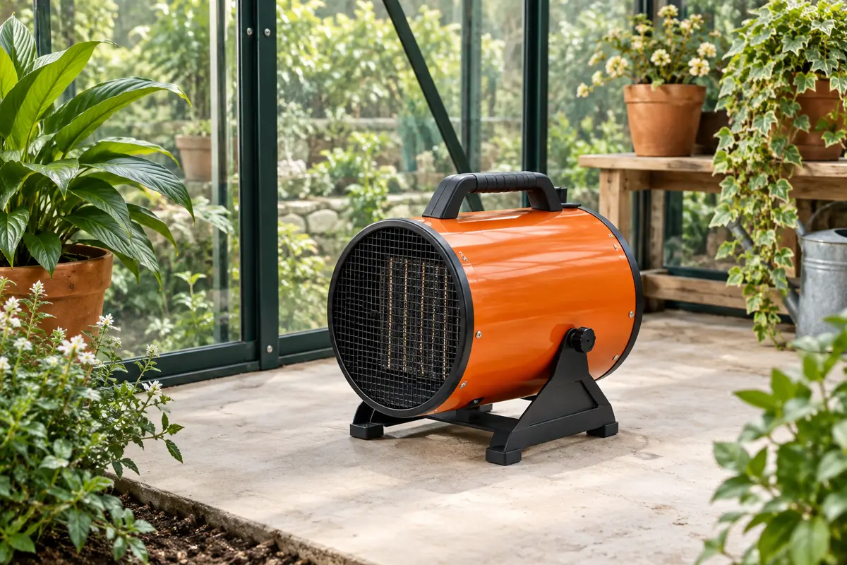 Chauffage de serre compact orange posé sur une dalle claire parmi des feuillages verts