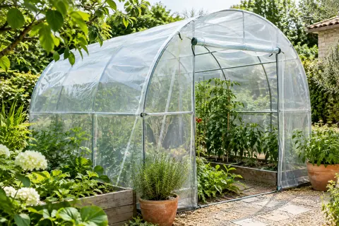 Film transparent en polyéthylène couvrant une serre de jardin au milieu de feuillages verts.