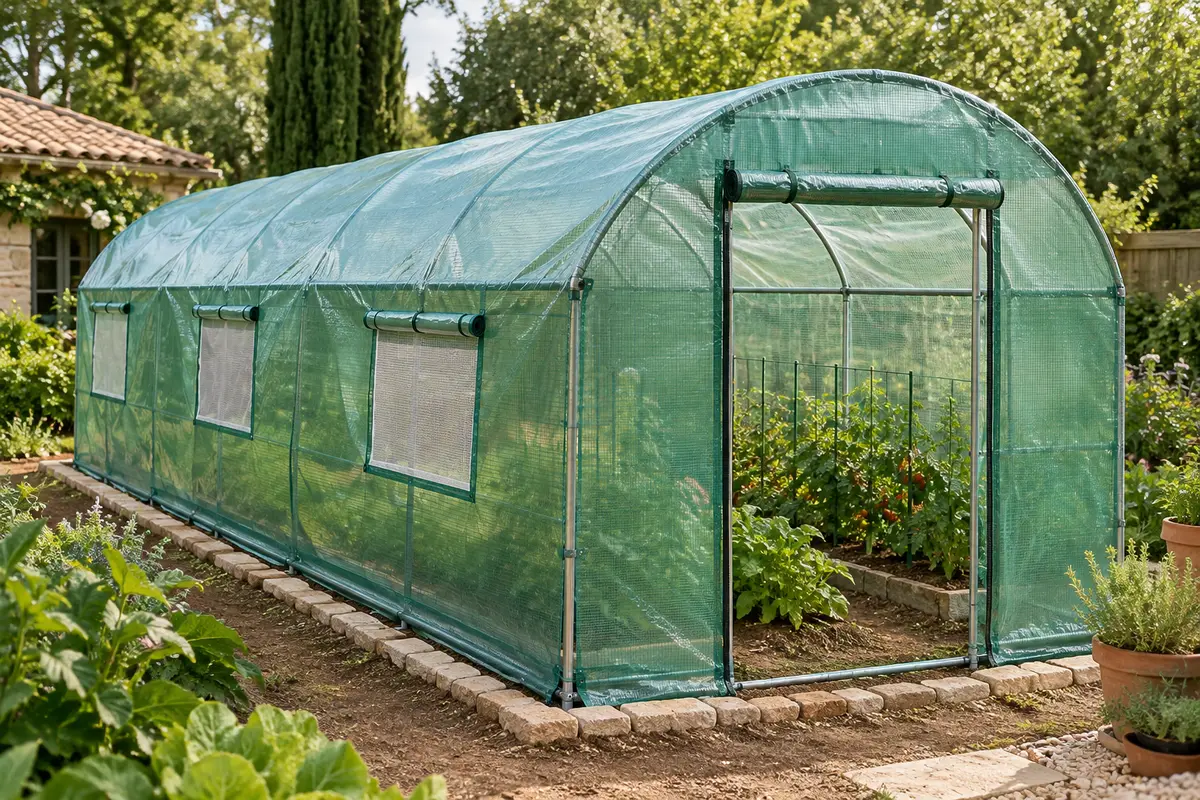 Serre tunnel verte à cadre galvanisé, avec fenêtres à mailles et porte zippée, installée au jardin.