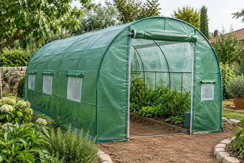 Serre tunnel verte en PE avec cadre galvanisé, porte enroulée et fenêtres en filet dans un jardin.