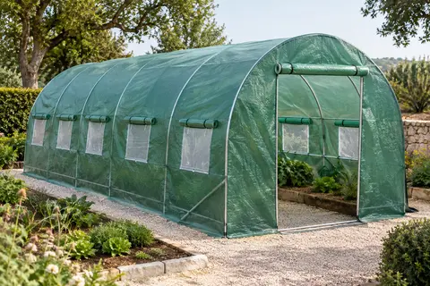 Serre tunnel verte à armature en acier galvanisé, installée dans un jardin avec ses fenêtres en maille.