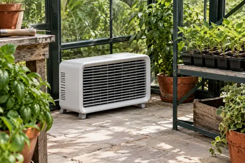 Chauffage blanc compact installé au sol dans une serre vitrée entourée de jeunes plants