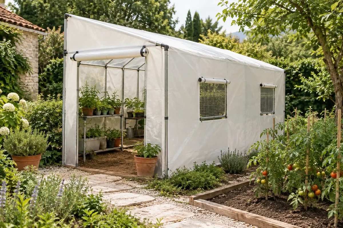Serre de jardin à bâche blanche, toit incliné, porte frontale et deux fenêtres d’aération