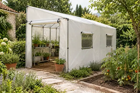 Serre de jardin à bâche blanche, toit incliné, porte frontale et deux fenêtres d’aération