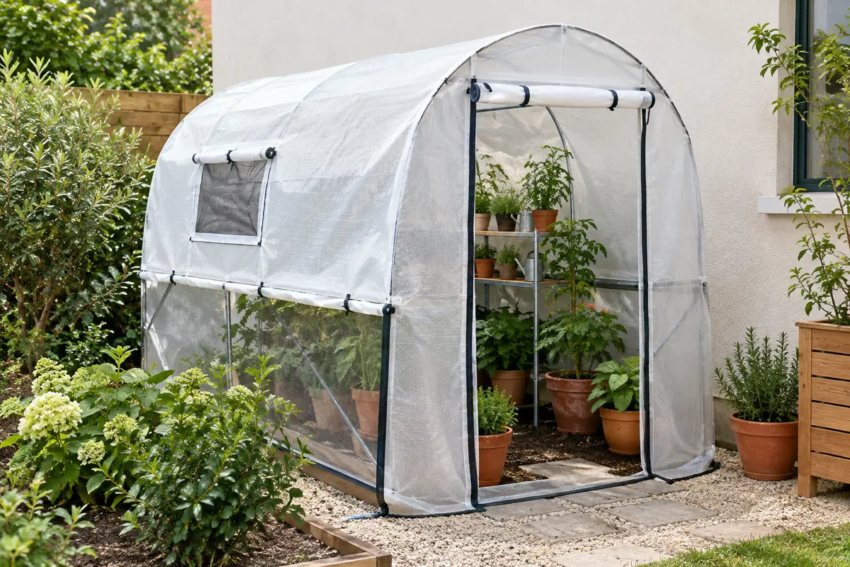 Serre adossée à bâche blanche, installée contre un mur clair au milieu de plantes en pots.