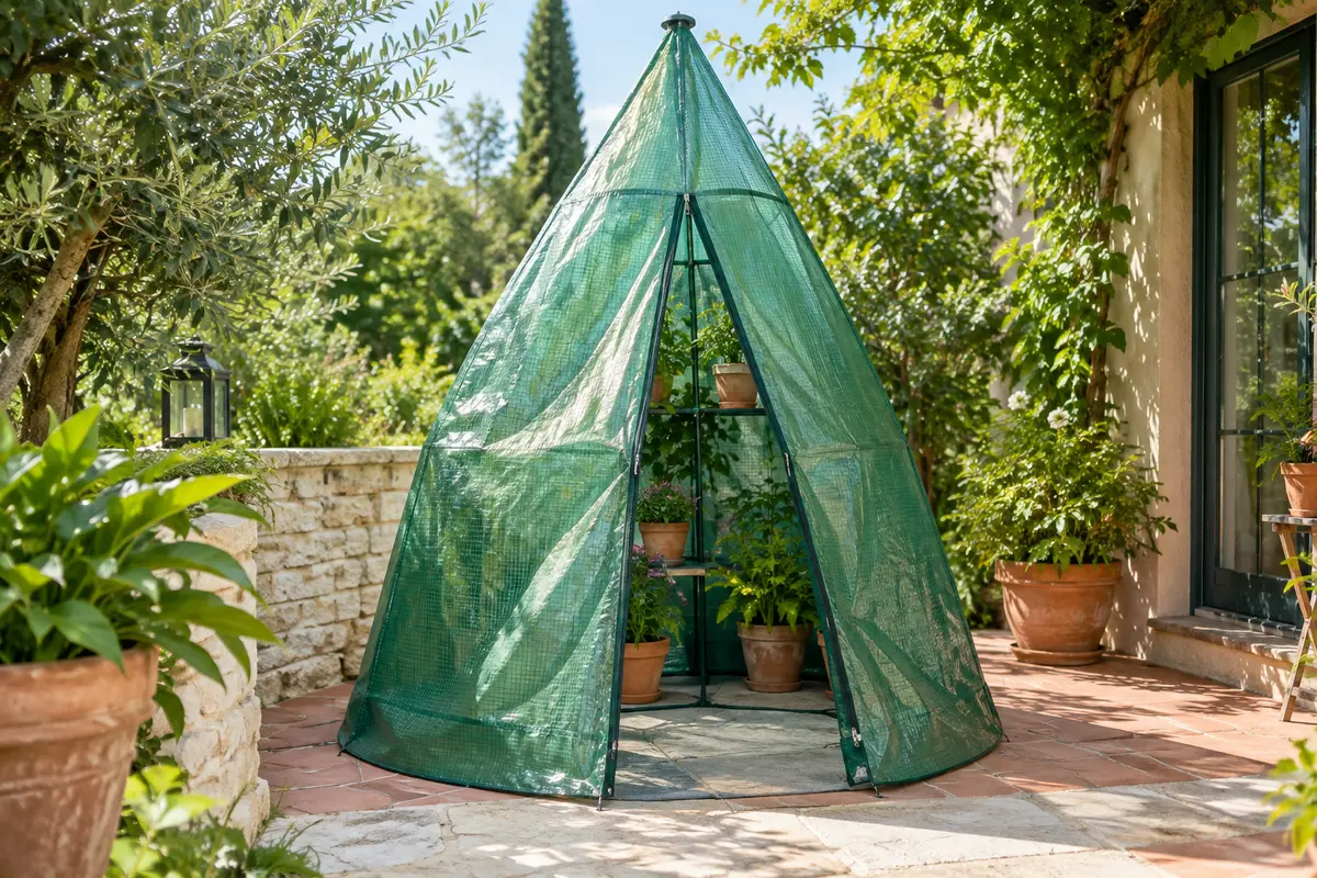 Serre tipi verte Vounot installée sur une terrasse, avec des plantes en pots à l’abri