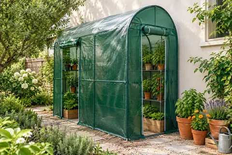 Serre adossée à bâche verte avec deux portes enroulables, installée près d’un mur dans un jardin