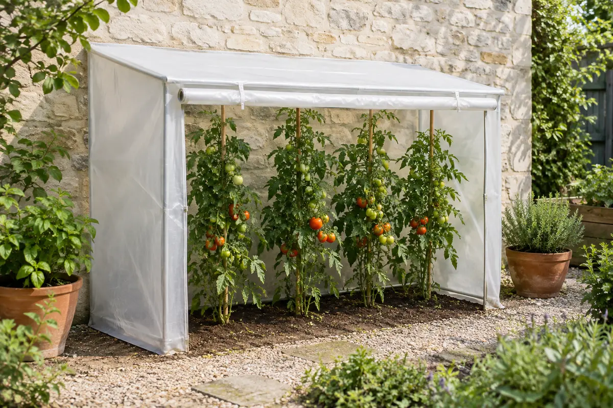 Serre à tomates peu profonde à toit en une seule pente, bâche blanche translucide adossée à un mur de pierre, façade zippée enroulée sur une rangée de plants de tomates tuteurés