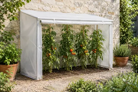 Serre à tomates peu profonde à toit en une seule pente, bâche blanche translucide adossée à un mur de pierre, façade zippée enroulée sur une rangée de plants de tomates tuteurés