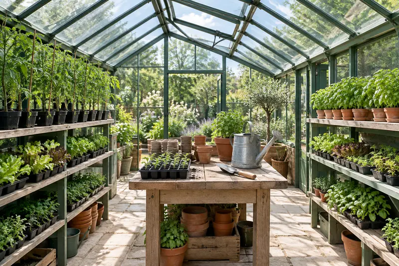 Intérieur d’une serre avec table de rempotage, godets de semis et étagères de jeunes plants.