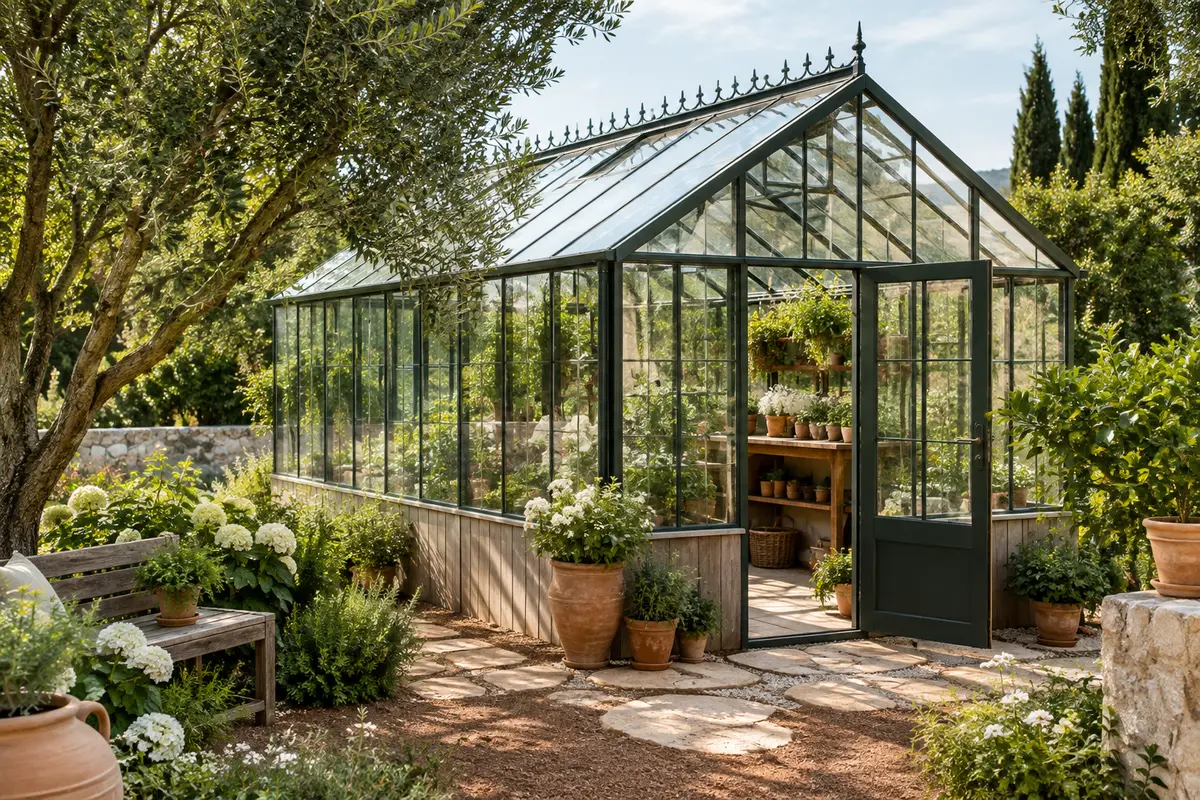 Serre de jardin vitrée au milieu de feuillages, dans un espace soigné baigné de lumière naturelle.